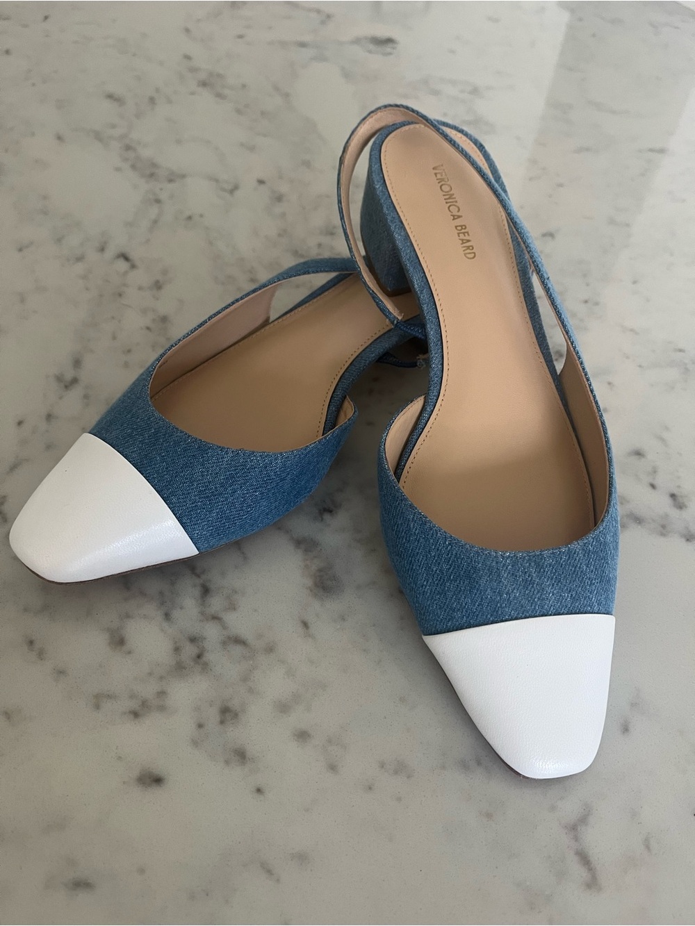 Cecile denim leather slingback ballerina pumps in coconut blue